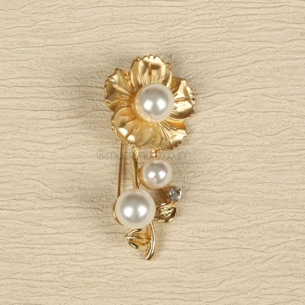 Gold-Toned Flower Pearl Embellished Brooch Pin
