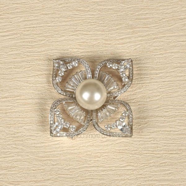 Silver Polish Flower Pearl Baguette Brooch Pin