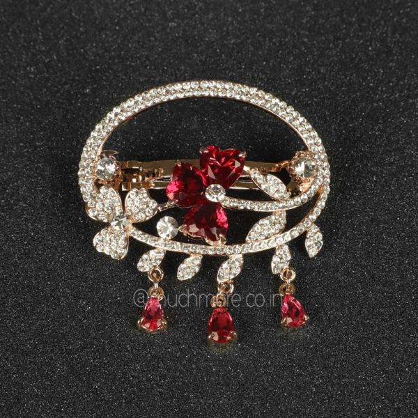 Women Gold Red Embellished French Barrette