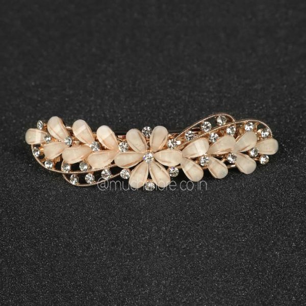Gold Tone Flower Crystal French Barrette Hair Clip