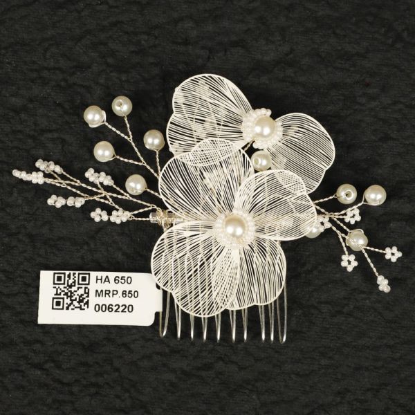 Designer Silver Hair Comb Flora With Pearl