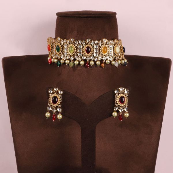 Navratna Multi Color Kundan Designer Choker With Earring