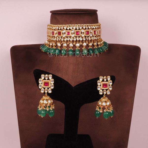 Green Droplets Kundan Choker With Jhumki Earrings Jewellery Set