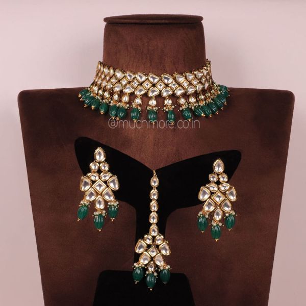 Classic Gold Polish Choker Necklace With Earrings Tikka Jewellery Set