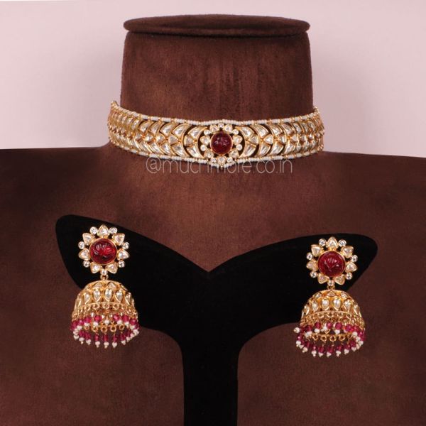 Sleek Uncut Kundan Ruby Choker Necklace With Jhumka