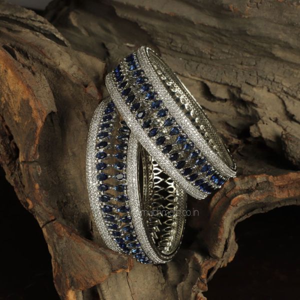 Set Of 4 Silver-Plated Blue AD-Studded Bangles