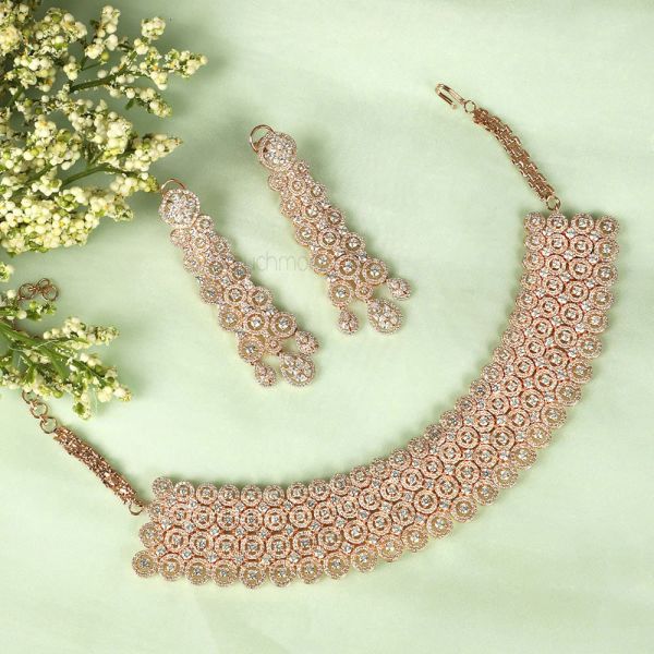 Rose Gold Polish Designer Diamond Necklace Set