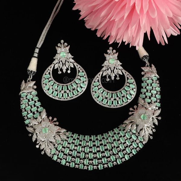 Exclusive Designer Mint Green Necklace Big Earrings