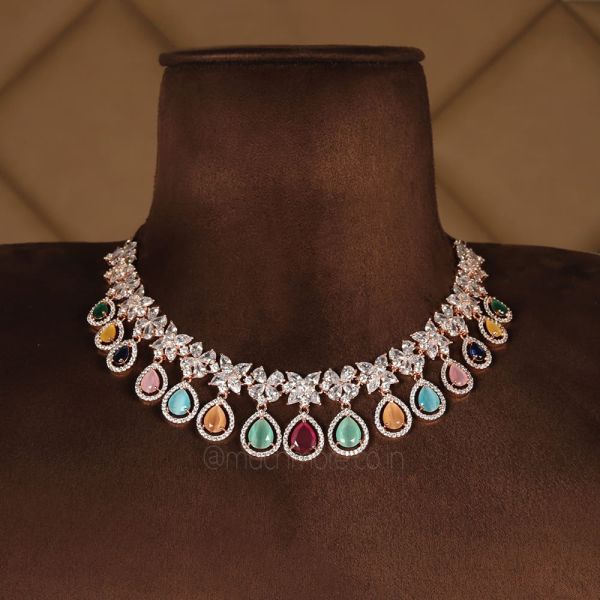 Designer Multi Color Diamond Necklace With Earrings