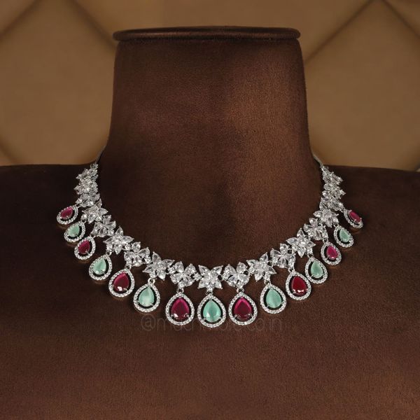 White Polish Multi Color Diamond Necklace With Earrings
