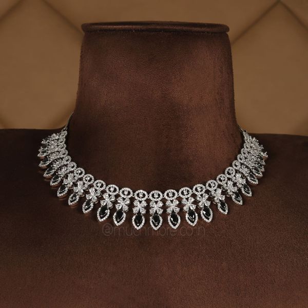 Silver Polish Black Diamond Necklace With Earrings