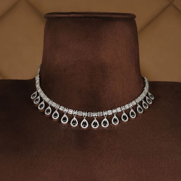 Silver Polish Black Diamond Necklace With Jhumkas