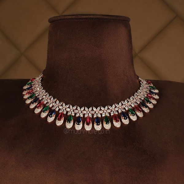 Multi Color Dimoand Studded Rose Gold Jhumka Necklace Set