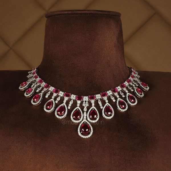Silver Polish Pinkish Ruby Studded AD Necklace Set