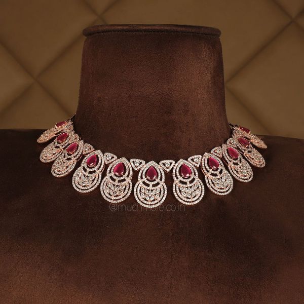 Rose Gold Polish Ruby Studded Dimaond Necklace Set
