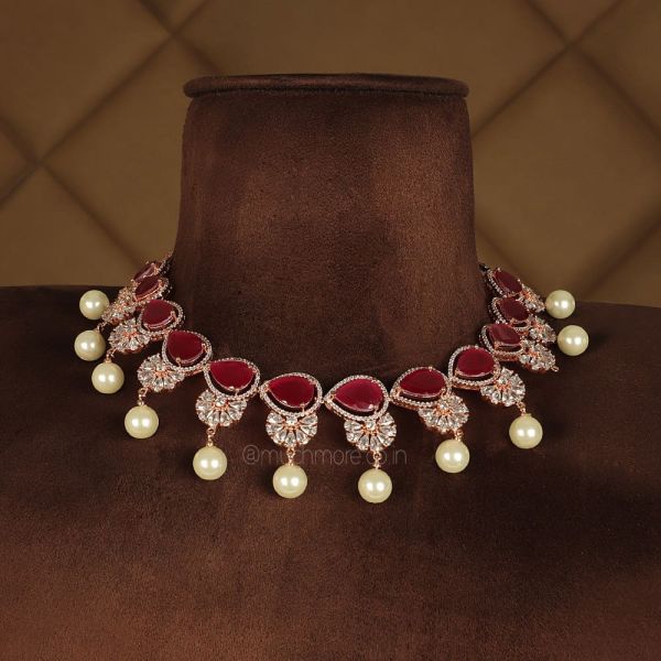 Rose gold Polish Pearl Droplets Ruby AD Necklace Set