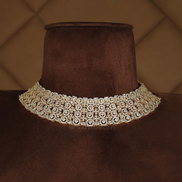 Gold Plated Diamond Statement Necklace With Earrings