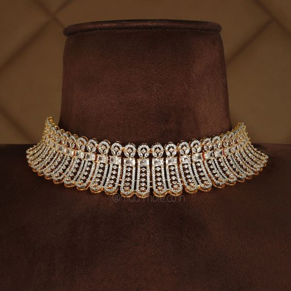 Gold Plated Diamond Statement Choker Necklace With Earrings