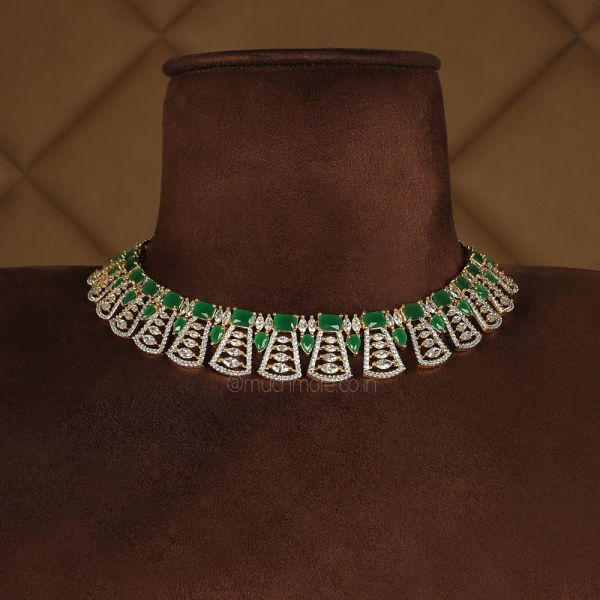 Gold Plated Emerald Sleek Diamond Necklace With Earrings
