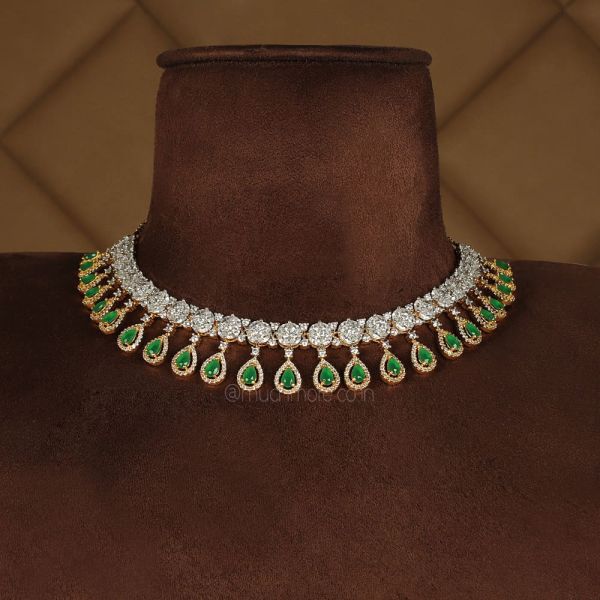 Gold Plated Emerald Sleek AD Necklace With Earrings