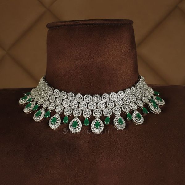 Silver Polish Emerald Choker Diamond Necklace With Earring