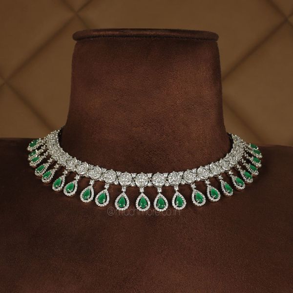 Silver Polish Light Diamond Necklace With Earrings