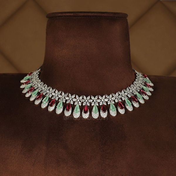 Multi Color Dimoand Studded Silver Jhumka Necklace Set