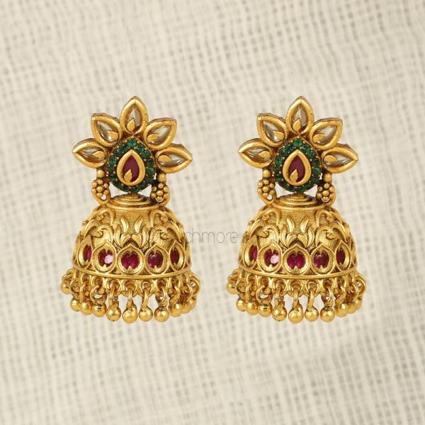Emerald Green Ruby Gold Polish Jhumka Earrings