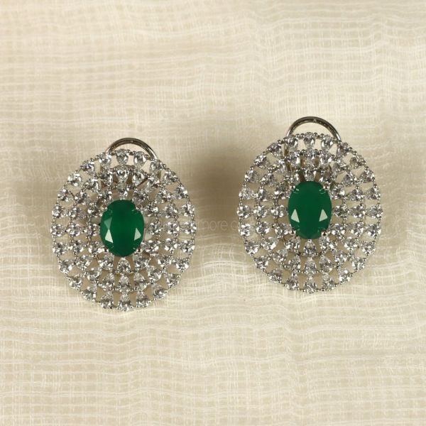 Oval Shape Green American Diamond Stud Earrings