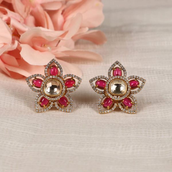 Flower Shapde Kundan And Dimaond Ruby Small Earrings