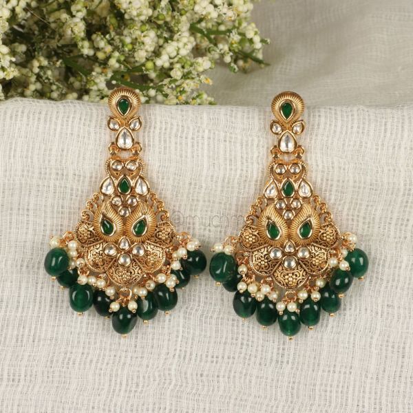 Gold Polish Emerald Hanging Kundan Earrings
