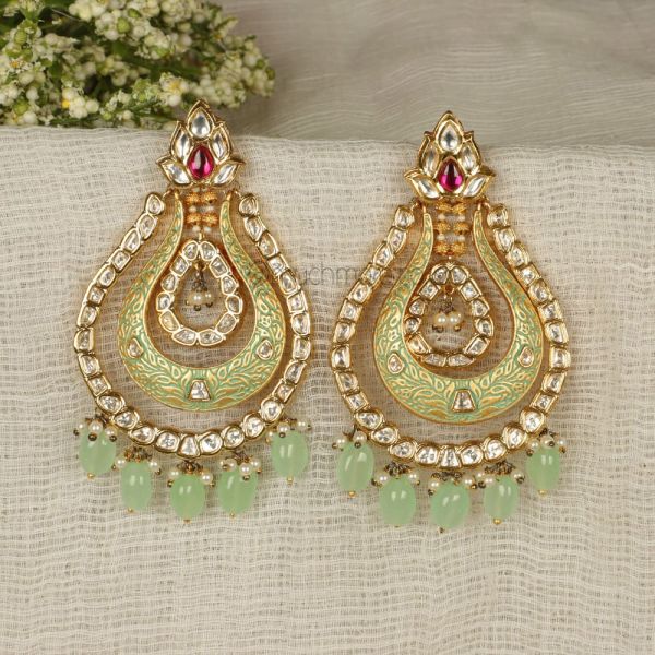 Mint Green Meena Work Ruby Kundan Earrings