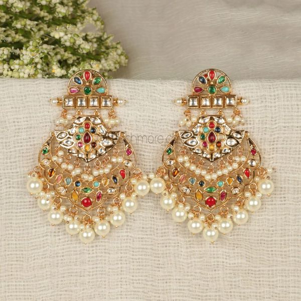 Pearl Droplets Multi Color Kundan Earrings
