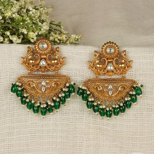 Peacock With Emerald Drops Gold Polish Earrings