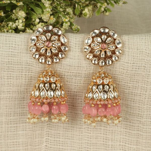 Baby Pink kundan Gold Polish Jhumki Earrings