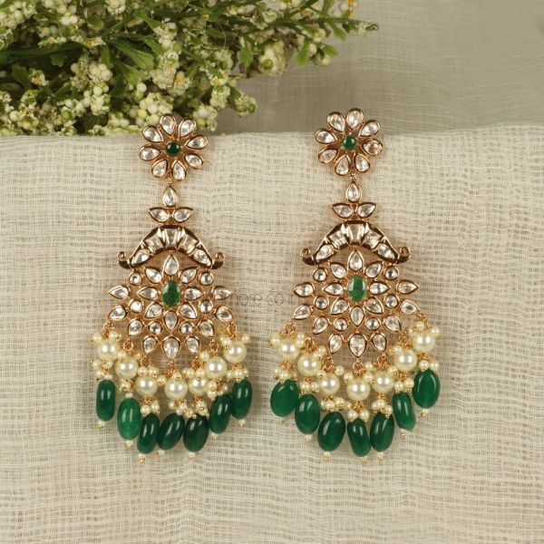 Emerald Green Gold Tone Kundan Long Earrings