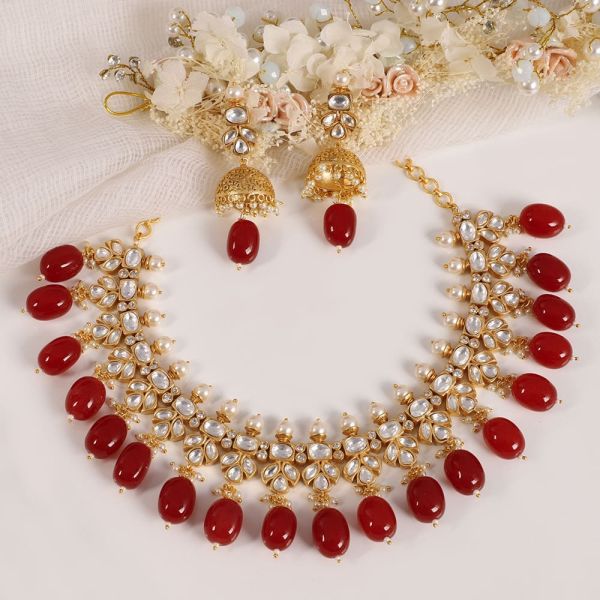 Ruby Maroon Tone Kundan Semi Traditional Necklace Set