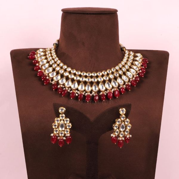 Ruby Pearl Hanging Kundan Necklace Set