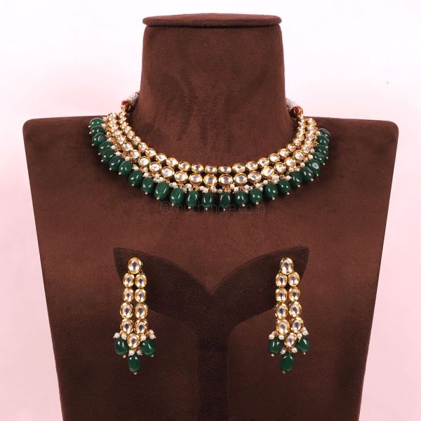 Green Gold Tone Kundan Inspired Necklace With Earrings