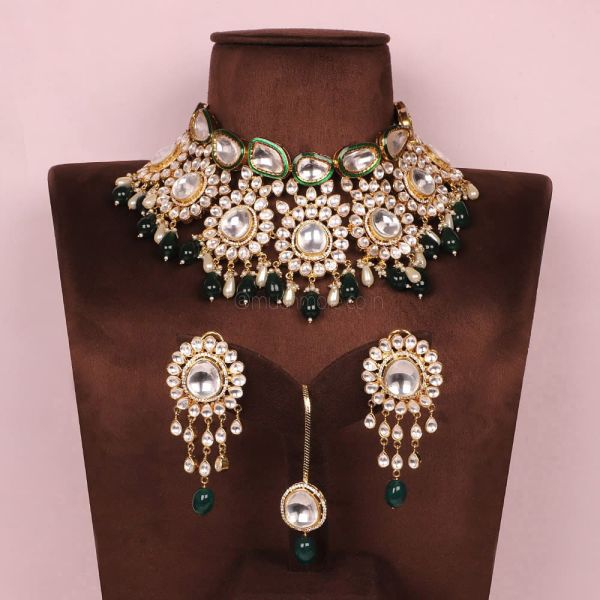 Big Polki Emerald Green Designer Necklace Set