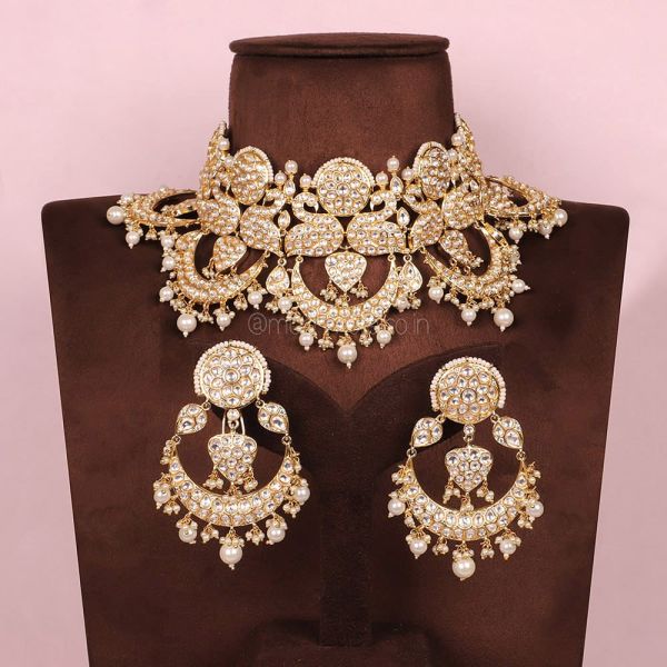 Gold Polish Peacock Designer Necklace With Chandbali Earrings