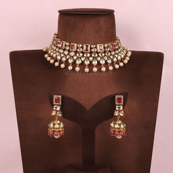 Exclusive Ruby Kundan Bridal Necklace With Jhumka Earrings