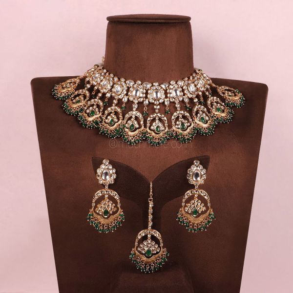 Emerald Green With Gold Meena Work Exclusive Necklace Set