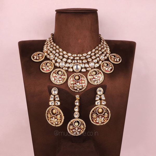 Ruby Meenakari Uncut Kundan Necklace With Earrings And Tikka