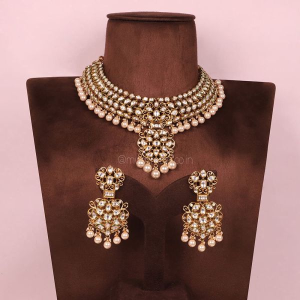 Pearl Hanging Kundan Necklace With Earrings For Brides