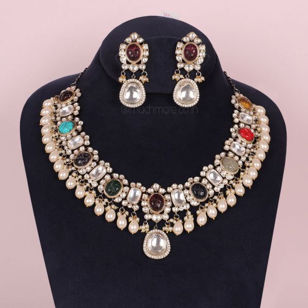  Latest Polki With Navratana Necklace Jewelry Set 