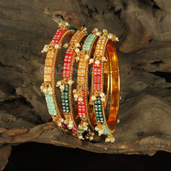 Multi Color Pearl Hanging Bangles Set Of 4