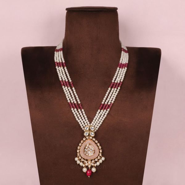 Baby Pink Ruby With Pearl Long Malal For Groom