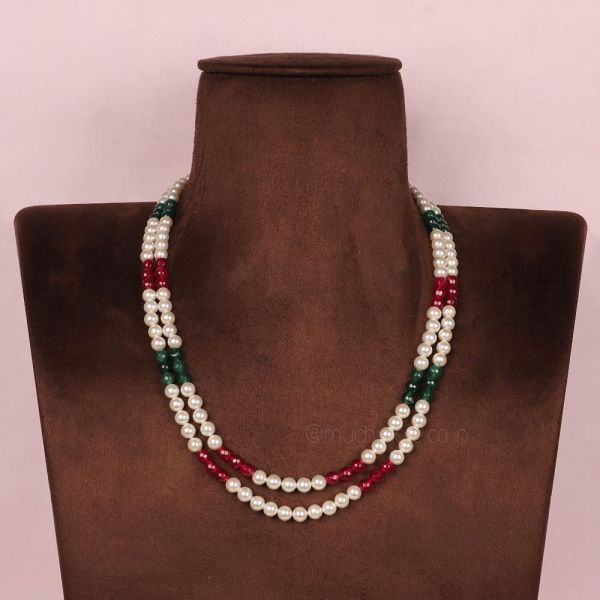 Ruby Green With White Pearls Long Mala For Groom
