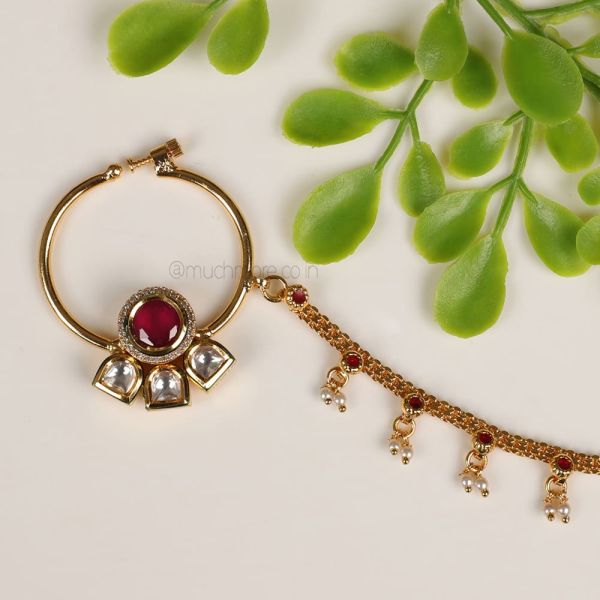 Ruby Kundan Screw Nath With Work Chain For Brides